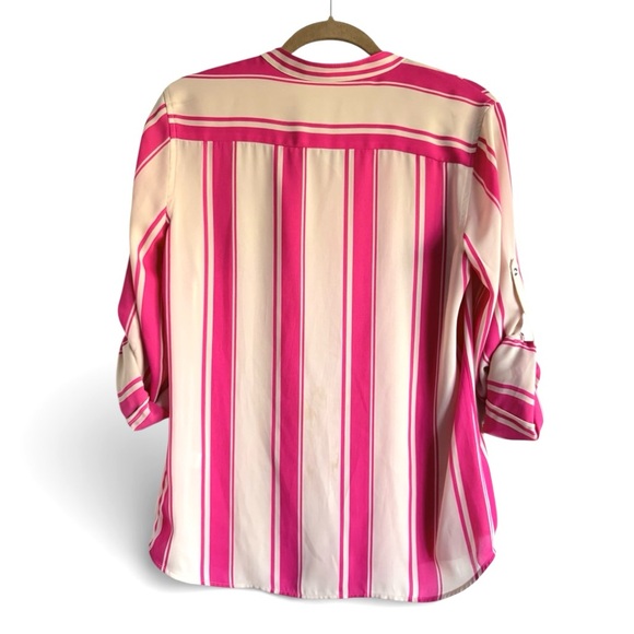New Banana Republic Striped Button Front Blouse Roll Tab Sleeves Pink White S - Picture 6 of 7